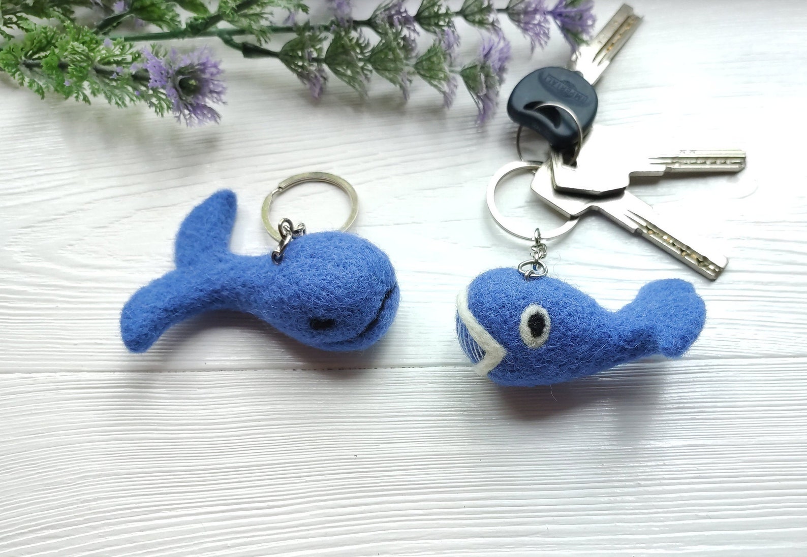 Small blue whale felt keychain Felted nautical animal key Etsy