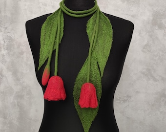 Felt Wool Necklace Red Tulips, Felted Floral Lariat Womens, Wearable Art Scarf with Flowers, Gift for mom