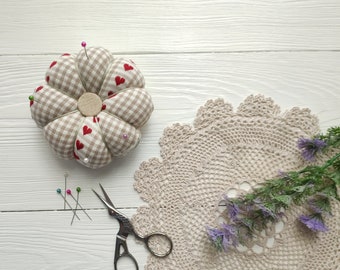 Linen round handmade pincushion with heart, Round fabric pin cushion gift for tailor seamstress mother or grandmother