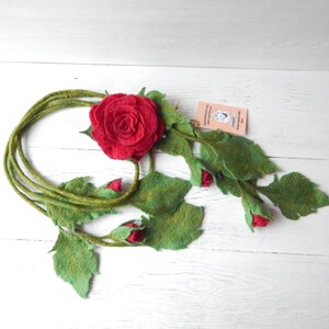 Felt Lariat Scarf Flower Dark Red Rose Brooch, Felted Wool Necklace Floral Bouquet, Fashion Skinny Scarf image 19