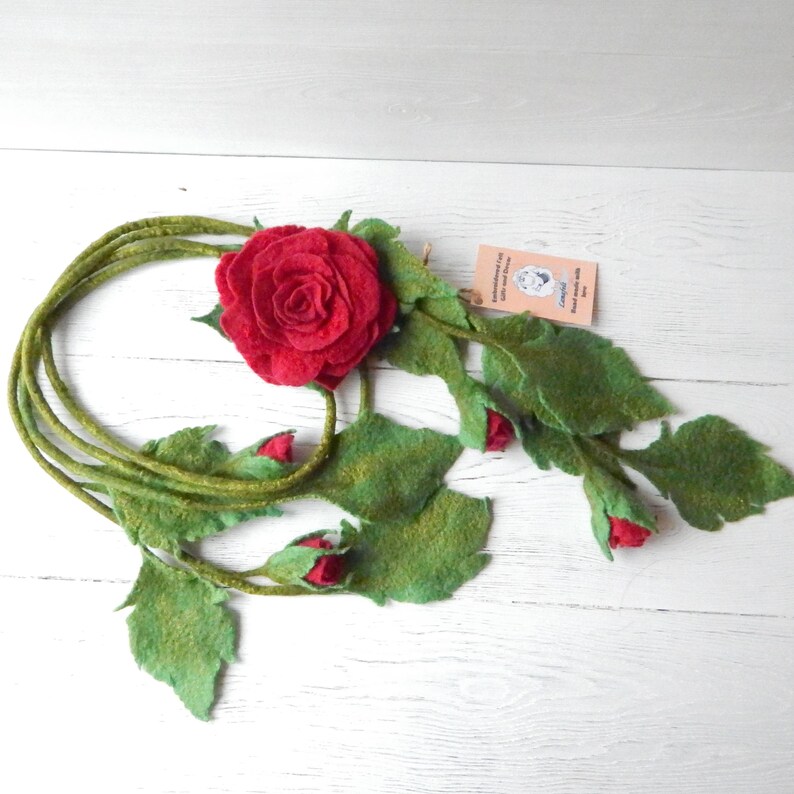 Felt Lariat Scarf Flower Dark Red Rose Brooch, Felted Wool Necklace Floral Bouquet, Fashion Skinny Scarf image 19