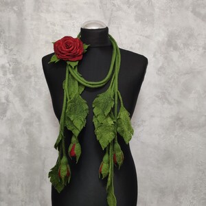 Felt Lariat Scarf Flower Dark Red Rose Brooch, Felted Wool Necklace Floral Bouquet, Fashion Skinny Scarf image 7
