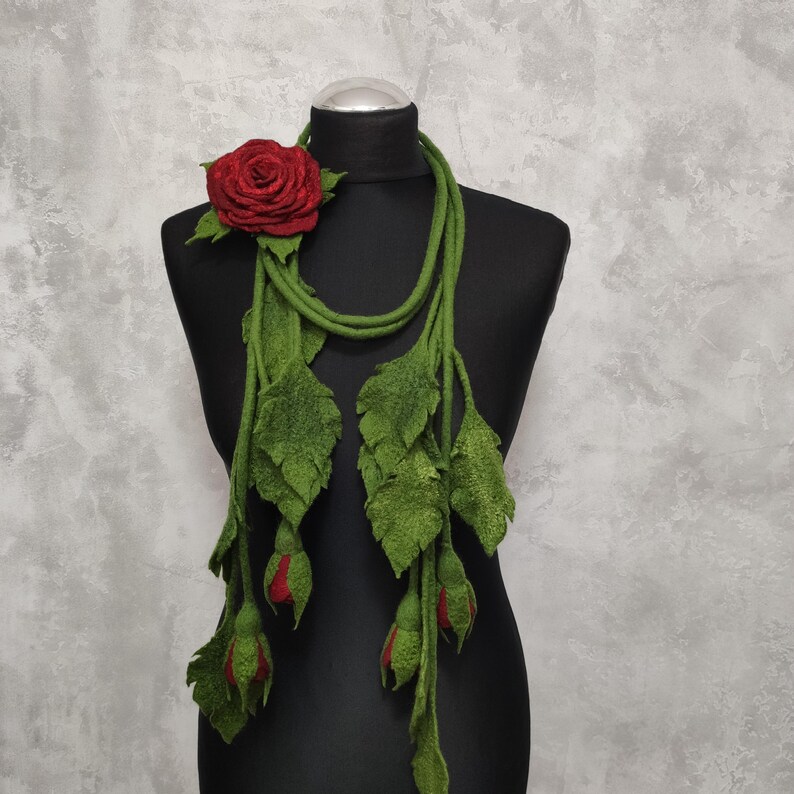 Felt Lariat Scarf Flower Dark Red Rose Brooch, Felted Wool Necklace Floral Bouquet, Fashion Skinny Scarf image 7
