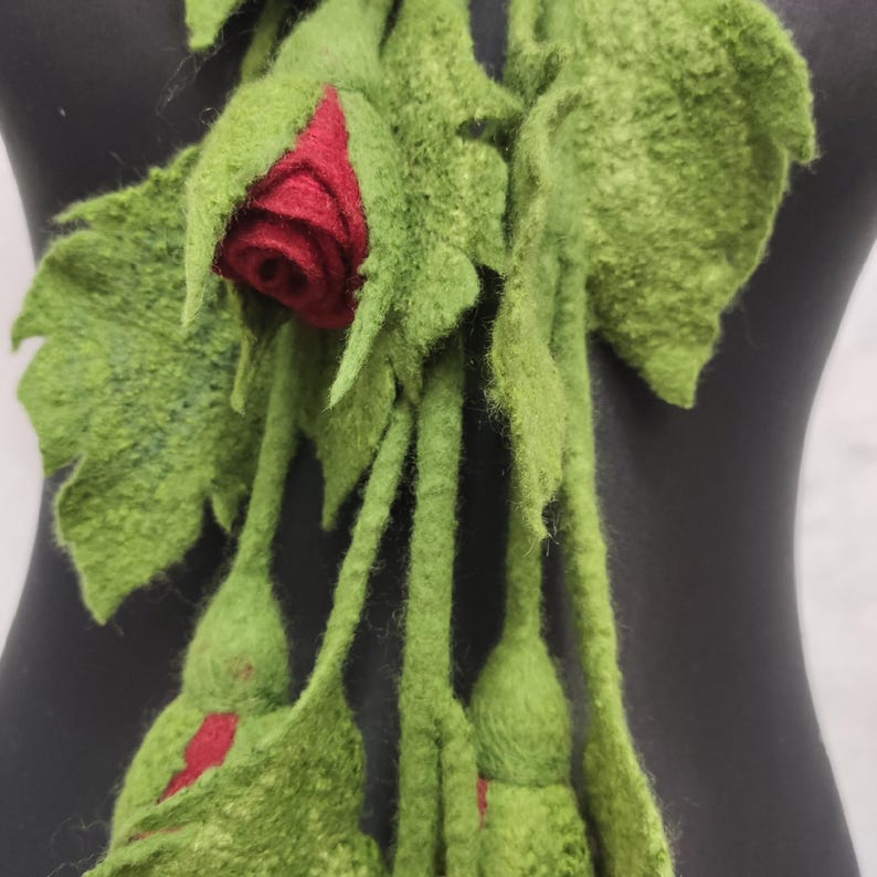 Felt Lariat Scarf Flower Dark Red Rose Brooch, Felted Wool Necklace Floral Bouquet, Fashion Skinny Scarf image 17
