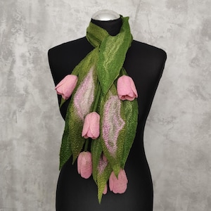 Felted Wool Pink Tulip Scarf – Woolen lariat necklace –   Green Floral Wool Lariat – Handmade Spring Accessory– Christmas Gift for Mom