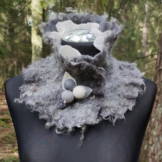 Gray White Ruffle Collar, Felted Warm Scarf, Felt Curly Wrap, Pure Wool Fleece Real Wrap, Gift for Women