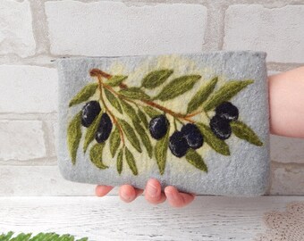 Felt make up case, Medium cosmetic bag, Make up case on zipper, Gray wool pouch with olive branch, Best gift for mom sister wife girlfriend