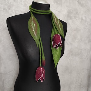 Felted wool necklace burgundy tulips-Felt floral lariat necklace-Green skinny scarf flowers-Woolen floral jewelry-Unique gift for her
