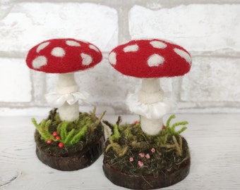 Felted wool miniature mushroom toadstool, Felt sculpture art nature table decor, Woolen mushroom charm