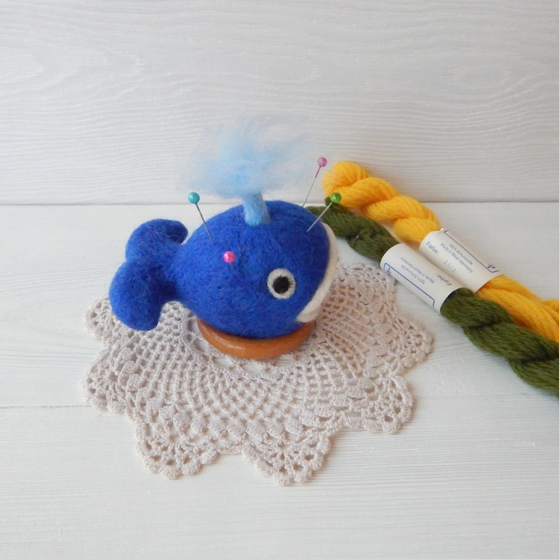 Cushion for needles gift for tailor sewer seamstress Felt pin cushion handmade Felted blue whale wool pincushion