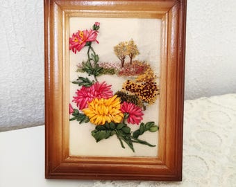 Embroidery autumn landscape chrysanthemums, Red yellow flowers embroidered silk ribbons in wooden frame, Christmas gift for mom grandma