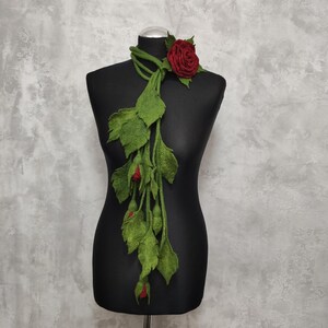 Felt Lariat Scarf Flower Dark Red Rose Brooch, Felted Wool Necklace Floral Bouquet, Fashion Skinny Scarf image 16