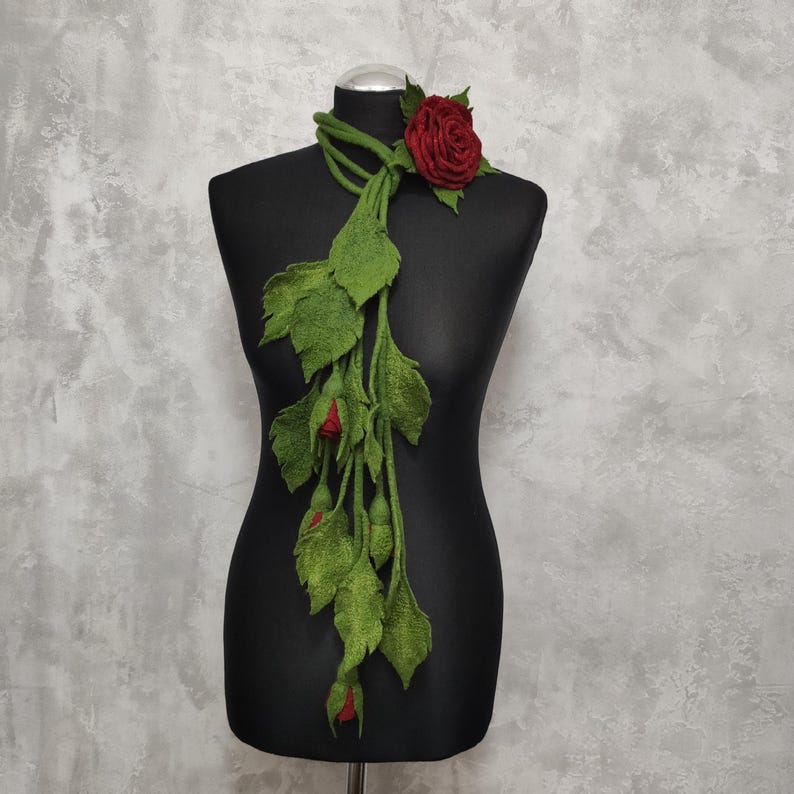 Felt Lariat Scarf Flower Dark Red Rose Brooch, Felted Wool Necklace Floral Bouquet, Fashion Skinny Scarf image 16