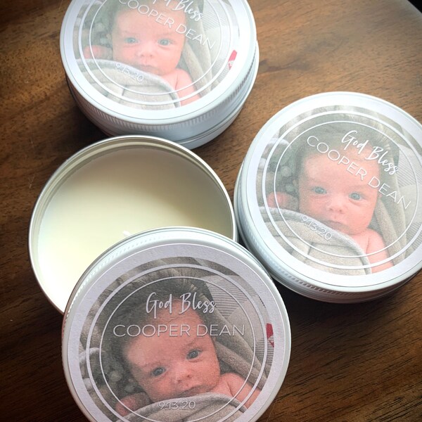 Soy Candle Favors with photo or design for any event! Perfect for business Weddings, bridal showers, baby showers