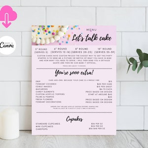 Bäcker-Menü, Kuchen-Menü, Instant-Download-Kuchen-Menü, kleines Kuchen-Geschäftsmenü, digitales Download-Menü, Bäckerei-Werkzeuge, Bäcker-Werkzeuge, CFO-Menü