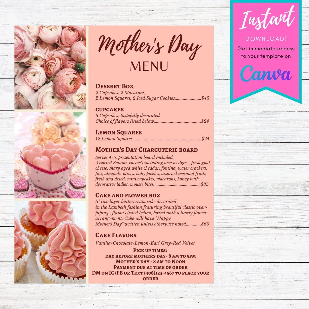 Mothers Day Menu Digital Instant Download Mothers Day Bakers Etsy