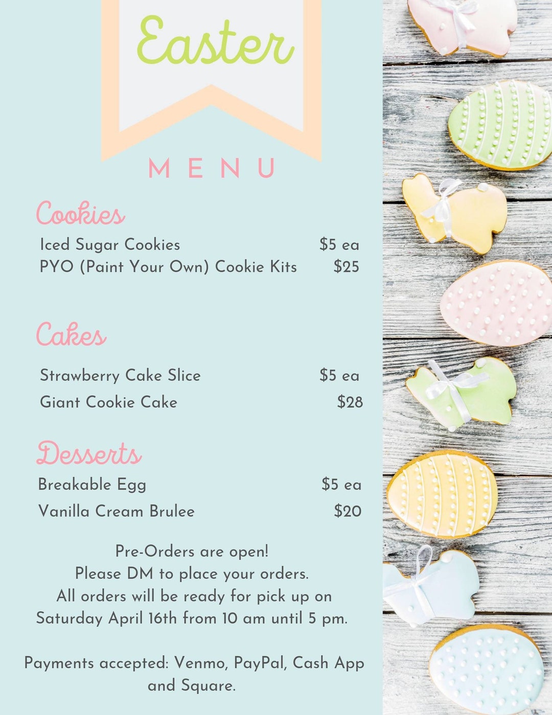 Easter Menu Instant Download, Easter Bakery Menu, Easter Pop up Sale