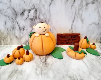 Pumpkin baby, pumpkin patch cake decoration, fondant pumpkin, fall baby shower cake,  pumpkin baby