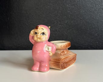 Pink Devil Baby Figurine with Military Tank Toothpick Holder
