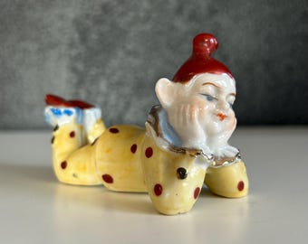 Ucagco China Clown Pixie Figurine Dressed in Yellow with Red Polka Dots