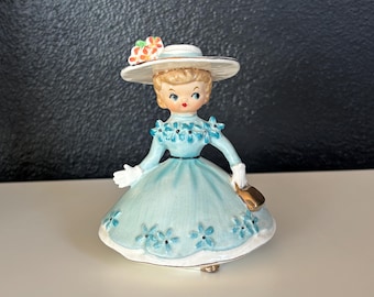 1956 Napco Miss Dainty Figurine Teal Dress Large Brim Hat