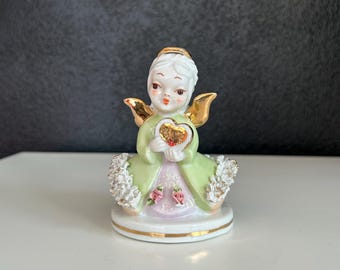 Lefton Valentines Angel Figurine Holding Heart - Hand Painted