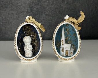 Bone China Christmas Diorama Ornaments - Egg Shape with Praying Child and a Church with a Steeple