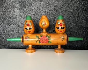 Vintage Salt and Pepper Shakers With a Toothpick Holder in Decorative Rolling Pin