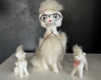 Vintage Kitschy Furry Mama Poodle Wearing Glasses - 2 Babies On Chains Attached To Her - Figurine Set