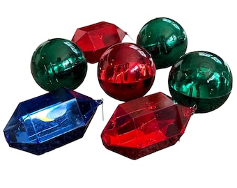 Jewel Brite Plastic Ornaments - Set of 7 - Red, Green, Blue