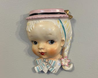 ESD Japan Blonde Girl Pink Hat Wall Pocket Head Vase