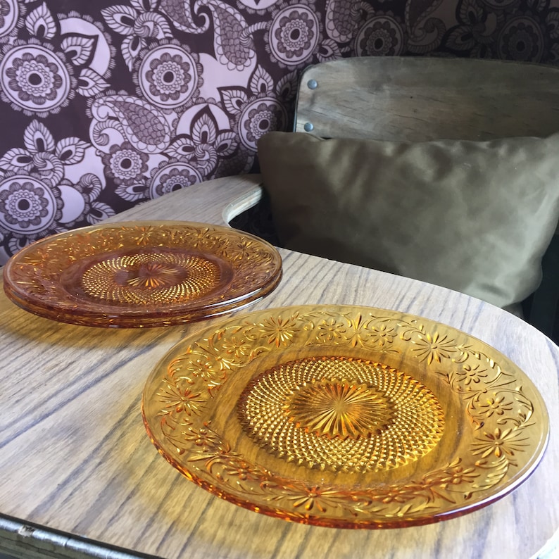 Depression Glass Daisy Amber Indiana Glass 3 Luncheon Plates