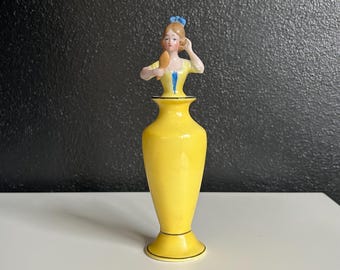 German Porcelain Figural Perfume Bottle With Glass Dauber - Woman Holding a Mirror