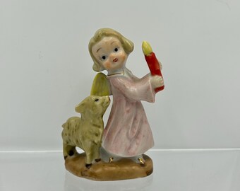 Vintage Ceramic Angel Figurine Holding Candle Accompanied By A Lamb - Made in Japan
