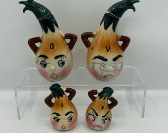 Relco Anthropomorphic Onions Oil and Vinegar Cruets with Salt and Pepper Shakers