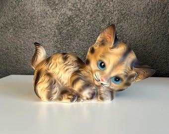 Vintage Tabby Cat Kitten Figurine - Blue Eyes - Laying Down