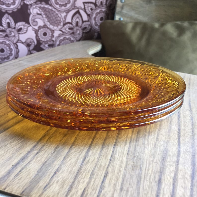 Depression Glass Daisy Amber Indiana Glass 3 Luncheon Plates