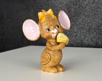 Lefton Big Ear Mouse Figurine Holding a Block of Cheese - Light Orange Bow
