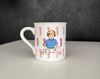 1980s Enesco 1st Birthday Mug - Blonde Boy with Blocks