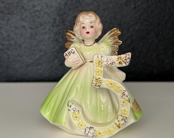 Josef Originals 5th Birthday Angel Figurine - Age 5 - Green Dress - Brown Eyes