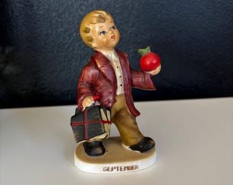 Lefton September Birthday Boy Carrying Apple and School Books Figurine