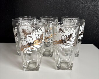 Mid Century White and Gold Feather Plume Tumbler Glasses - Set of 8