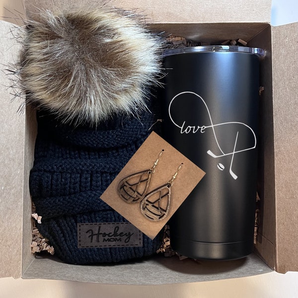 Hockey Mom Gift Set, with customized 20 oz. white or black tumbler, hockey mom beanie with leather patch and laser engraved wooden earrings