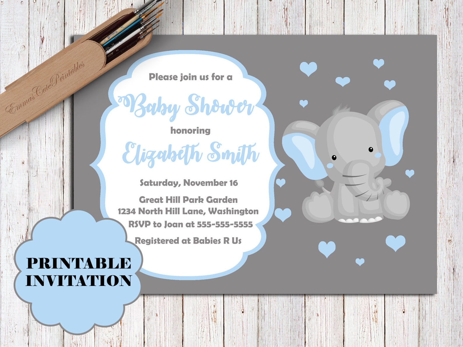 Elephant Baby Shower Invitation Grey and Blue Baby Shower Etsy