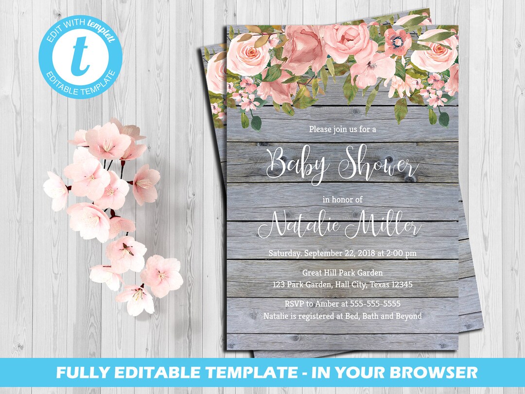 Rustic Baby Shower Girl Card Invitation Editable Grey and Etsy
