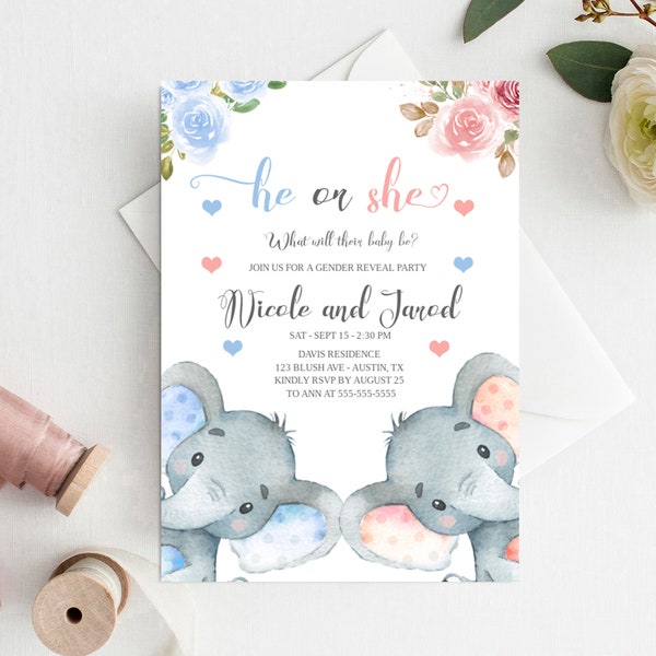 Gender Reveal Invitation, Invitation modifiable blush and blue, elephant boy or a girl, he or she invitation for Gender Reveal Party, GR02