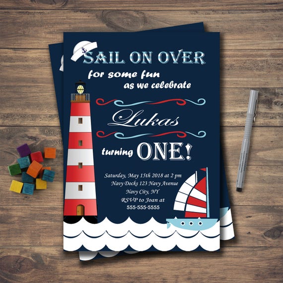 Nautical Sailor Birthday Party Invitation, Nautical Party, Sail on over,  First birthday, printable birthday invite, lighthouse, sailor hat