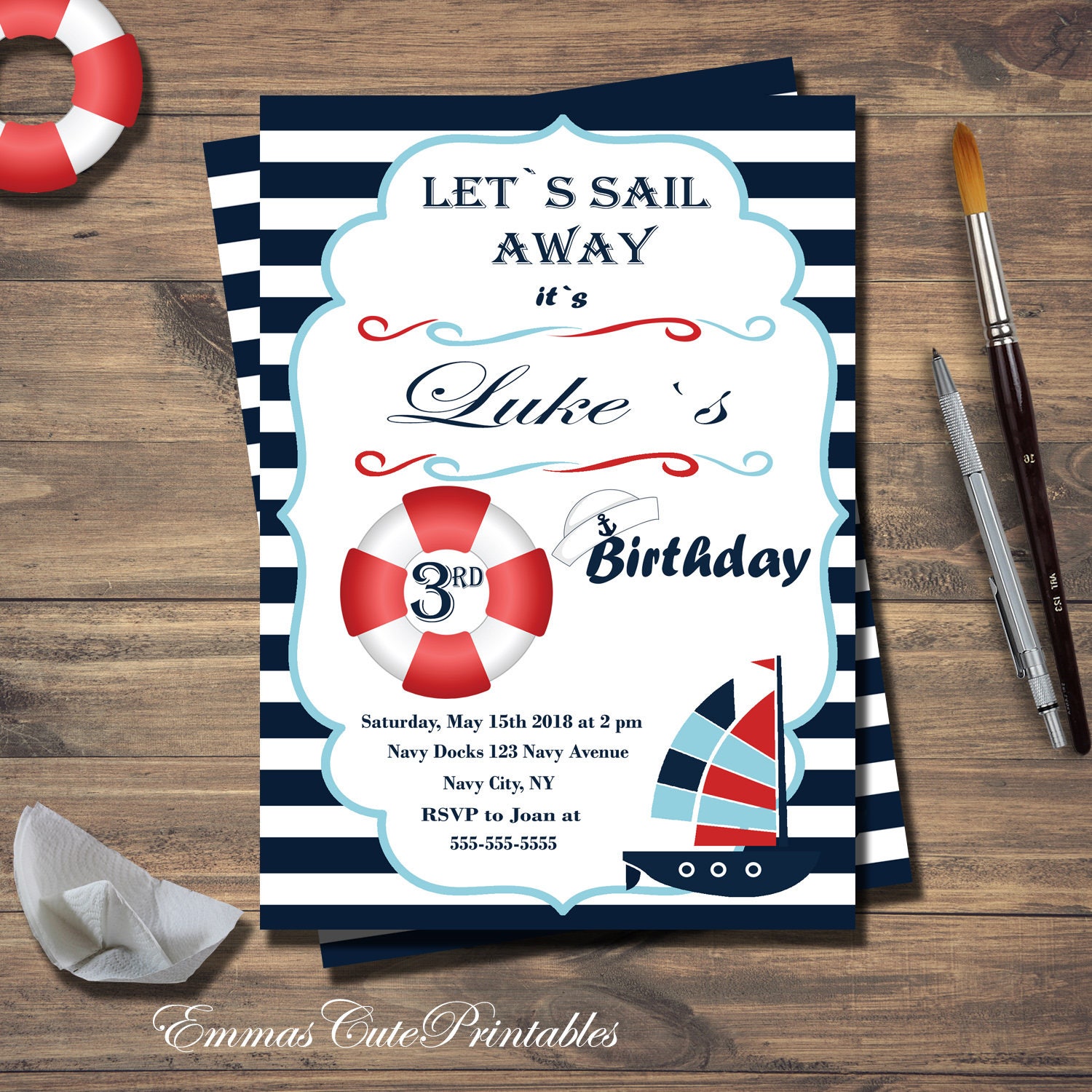 Nautical Birthday Party Invitation, Navy Blue and Red Invitation