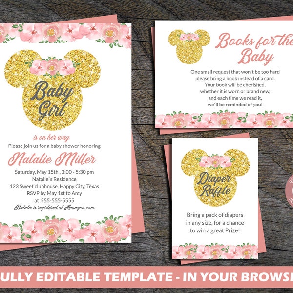 Minnie mouse baby shower, Editable baby shower set, minnie mouse baby shower set, diaper raffle and book request minnie card