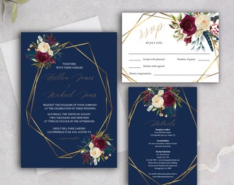 Wedding Invitation cards Template Navy Burgundy wedding Set, Burgundy navy blue wedding invitation template, Calligraphy Templett, WI026